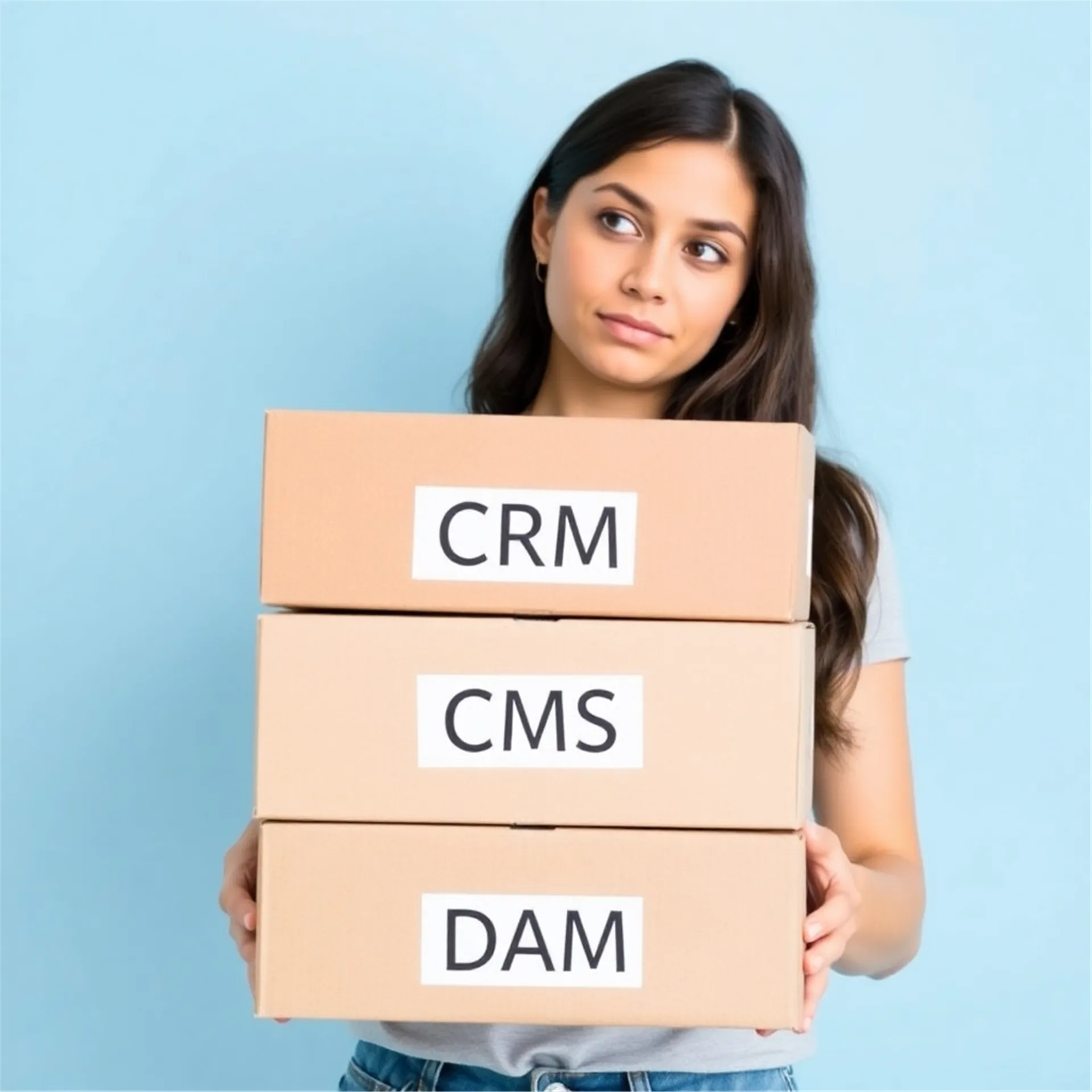 Young woman holding cardboard boxes labeled CRM CMS DAM, suggesting relocation or shipment.